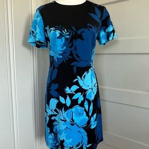 Trina Turk Floral Print Dress Short Sleeve Cobalt Blue & Black Size 8